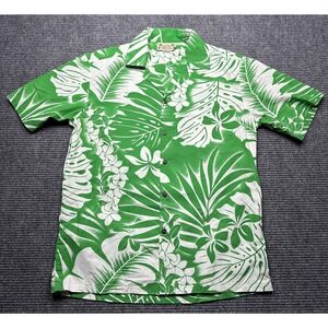 F&K Fashion Shirt Mens Medium Green White Hawaiian Aloha Floral Made in USA